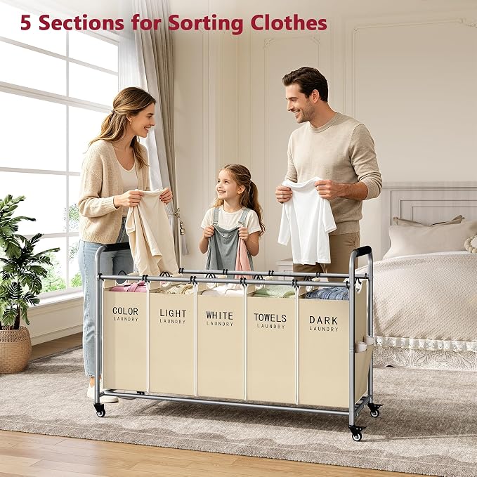 Tajsoon Laundry Sorter 5 Section, Clothes Hamper with Wheels, Beige