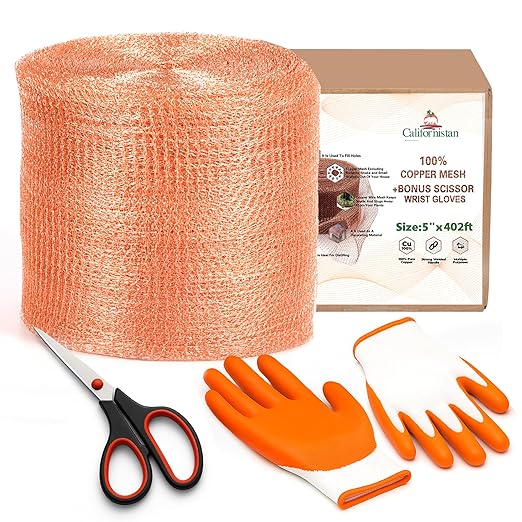 Copper Mesh Rodent Control, 5in x 402ft- Rustproof Copper Mesh Roll for Rodent, Bat & Snail - Perfect for Hole Blocking, Gardening & Sealing Water Opening - Plus Bonus Scissor & Gloves
