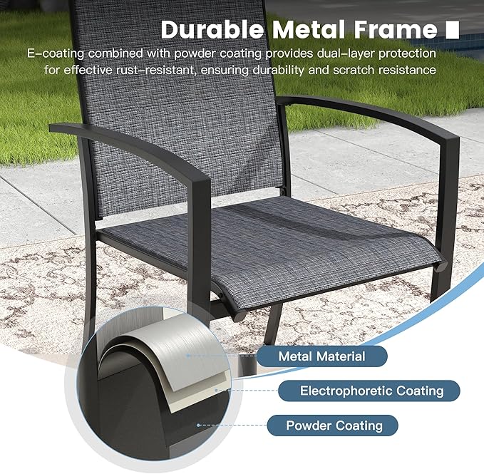 DIFY Patio Chairs Set of 4, Stackable Outdoor Dining Chairs with High Back & Metal Frame, All Weather Breathable Textilene Fabric Outdoor Chairs Set for Backyard Garden Deck, Dark Grey