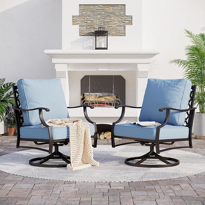 SUNSHINE VALLEY Metal Outdoor Swivel Patio Chairs Set of 2 with 5.75" Extra Thick Cushion, 2 Piece High Back Swivel Rocker Patio Chairs Outdoor Furniture Seating for Deck Balcony Front Porch, Blue