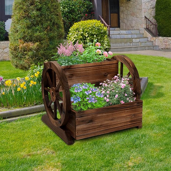 OIPRTGFJ 2PCS Wooden Wagon Planter Box, Garden Planter with Wheels,Decorative for Flowers Herbs Vegetables for Indoor & Outdoor Decor,Wooden Flower Cart for Patio Garden Balcony