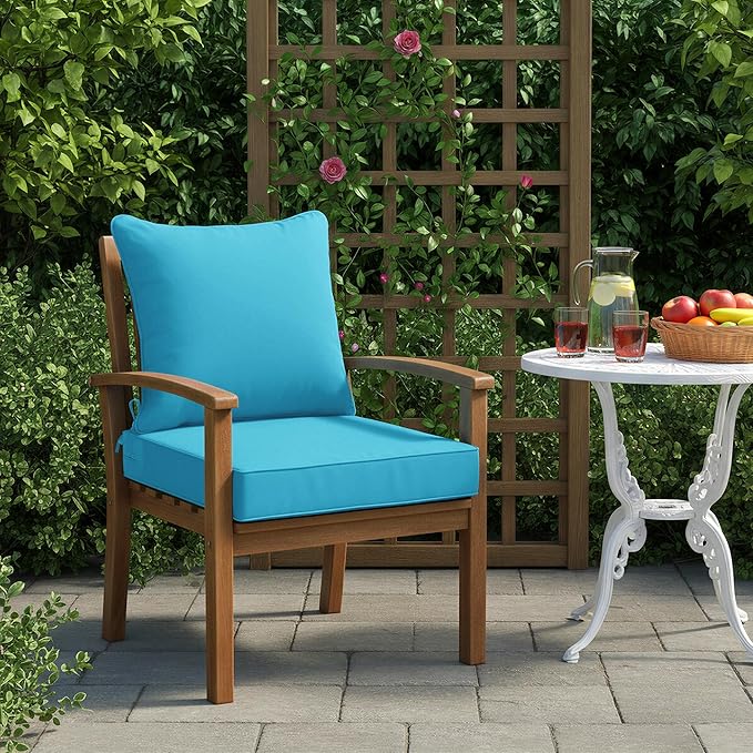 Summsun Waterproof Outdoor Cushions for Patio Furniture, Fade Resistant Backrest and Deep Seat Cushion Set with Removable Cover, 24 x 24 Inch, Teal, 1 Set
