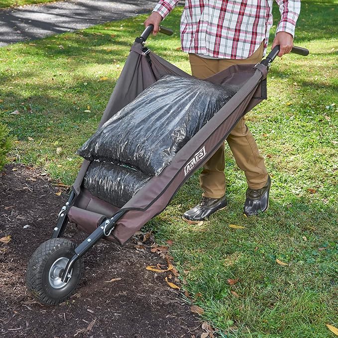 AMES Folding Wheelbarrow Lawn Yard Cart, Lightweight, Heavy Duty, Single Tire, for Leaves, Mulch, Garden Supplies