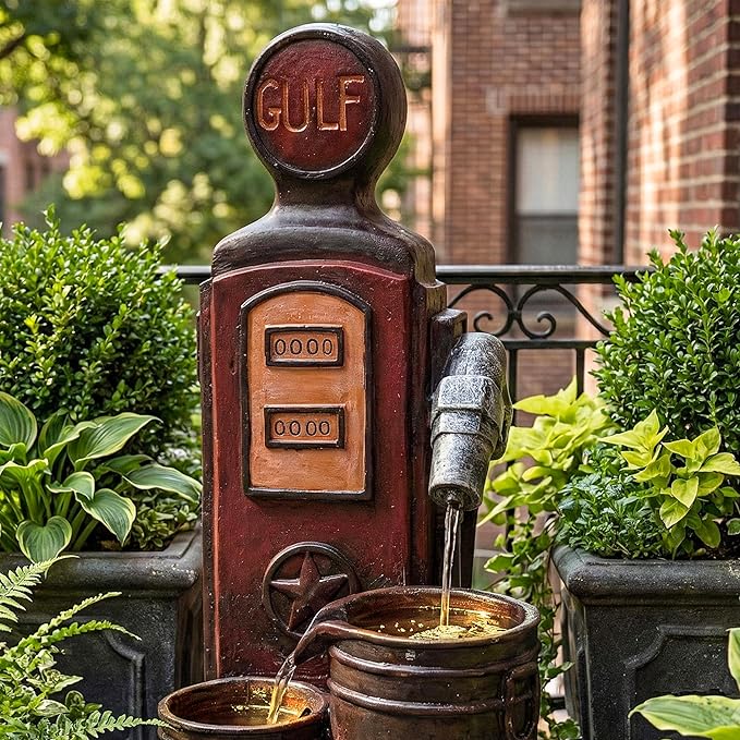 20-Inch Outdoor Water Fountain, 3-Tier Outdoor & Indoor Vintage Gas Pump Statue Resin Waterfall Fountain with 2 LED Lights, Home Decor for Patio, Garden, Backyard, Deck, Lawn, Porch in Red