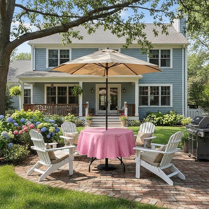 Outdoor Tablecloth Wrinkle-Free Stain Resistant Waterproof Polyester Fabric Table Cover with Zipper Umbrella Hole for Picnic/Party/Dinner/Patio Garden(70inch Round,Zippered,Pink)