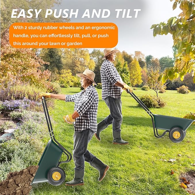 VINGLI 2 Wheel Wheelbarrow, Plastic and Steel Wheel Barrel, 330lbs Capacity Garden Cart for Lawn, Gardening, Construction