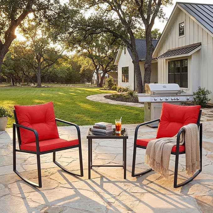 Flamaker Patio Chairs 3 Piece Wicker Rocking Chair Outdoor Bistro Sets with Coffee Table and Cushions Metal Frame Patio Furniture for Porch, Balcony, Lawn (Red)