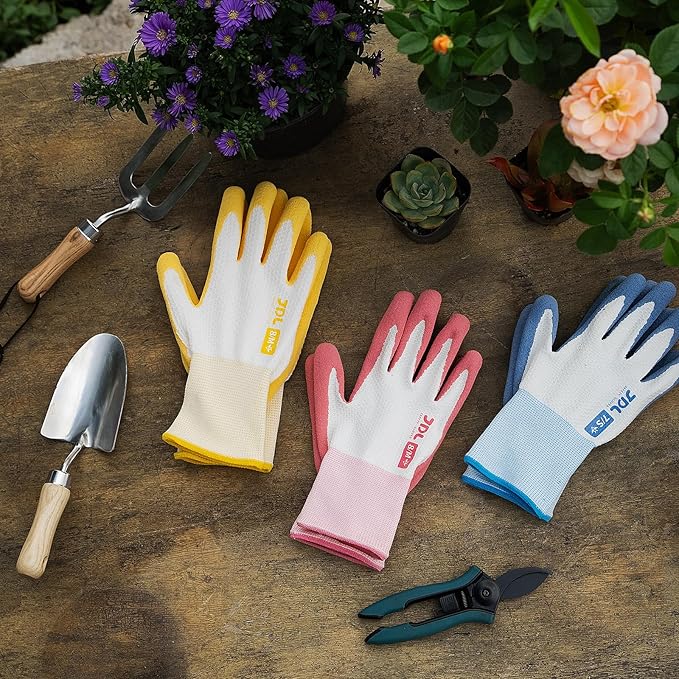 JDL Gardening Gloves for Women, 2 Pairs Breathable Latex Coated Yard Garden Gloves, Rubber Outdoor Protective Work Gloves with Grip, Yellow, Medium Size