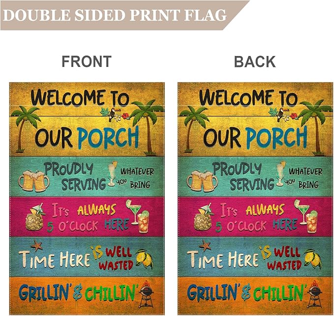 Snycler Welcome To Our Porch Garden Flag, 12.5x18" Party Decorations, Summer Decor, Outdoor Beach Bar Pub Porch Patio Deck Backyard Poolside Decor Outside