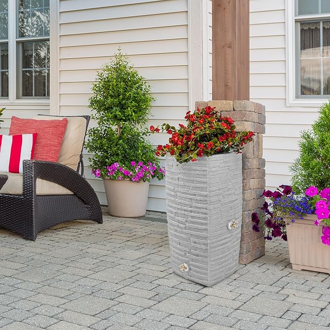 Good Ideas Impressions Riverwalk 50 Gal Plastic Rain Barrel Light Granite Bundled with 50’ Soaker Hose, Gradual Water Release, for 3/4" Spigots, Black