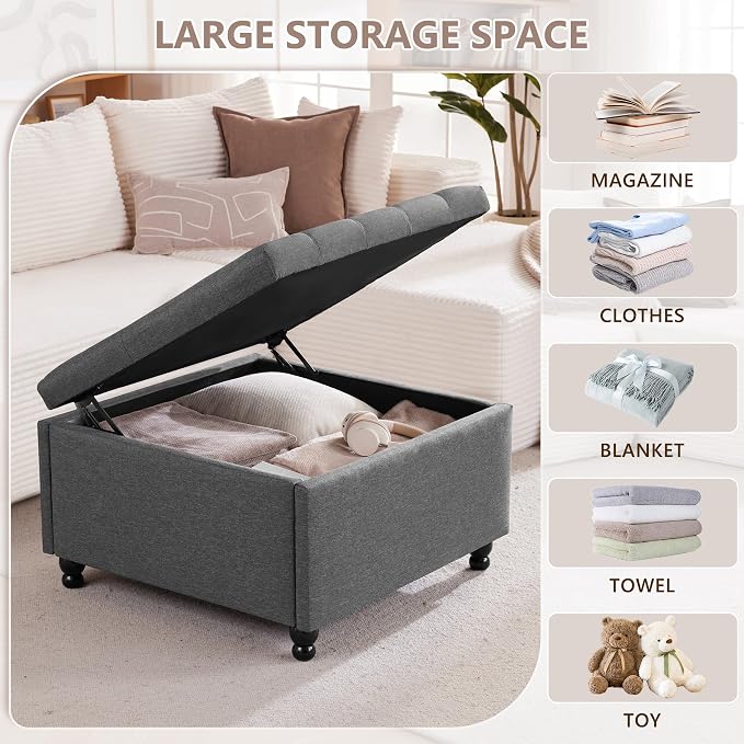 28" Large Square Ottoman with Storage, Fabric Ottoman Coffee Table, Grey | Living Room Coffee Table, Footrest or Extra Seat, Bedroom and Entryway Use, Solid Wood Frame, Safety Hinges, 300 lb Capacity