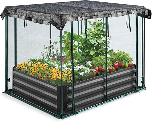Quictent Galvanized Raised Garden Bed with Crop Cage Plant Protection Net Tent and Shade Cloth Kit Metal Planter Box Bottomless Planting Vegetables Outdoor Backyard Included T Tags Wing Nuts 4x3x1 Ft