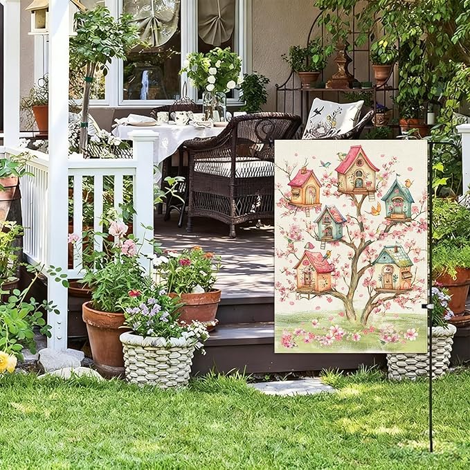 Baccessor Spring Birds Garden Flag Double Sided 12.5 x 18 Inch Burlap with Clip and Stopper,Pink Floral Flower Tree Flag Seasonal Farmhouse Front Yard Lawn Outside Outdoor Decoration