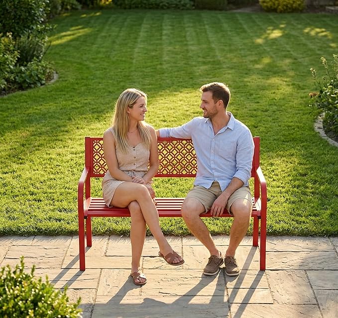 Garvee Outdoor Metal Garden Bench for 2 Person, Heavy Duty Steel Patio Bench 790 Lbs Capacity, Weather Resistant Black Porch Seating with Geometric Backrest, Outdoor Furniture for Yard, Deck, Entryway