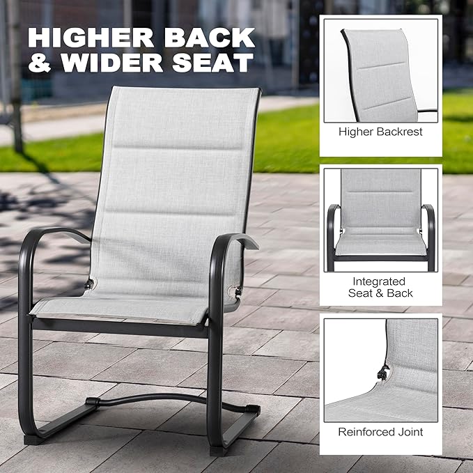 NUU GARDEN Patio Dining Chairs Set of 2, All-Weather Padded Textilene Chairs with Spring Motion and High Back, Breathable Outdoor Dining Chairs for Backyard Lawn Deck, Gray