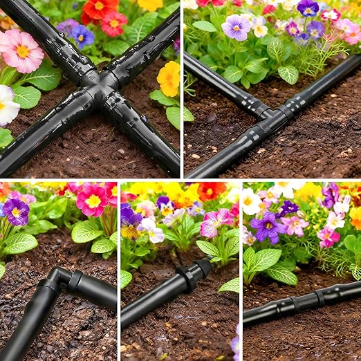 Drip Irrigation Fittings Kit for 1/4" Tubing, 130 Pieces Drip Line Connectors for Drip Systems - 40 Couplings, 30 Tees, 20 Elbows, 20 End Plugs, 20 Cross Tees Drip Irrigation Parts