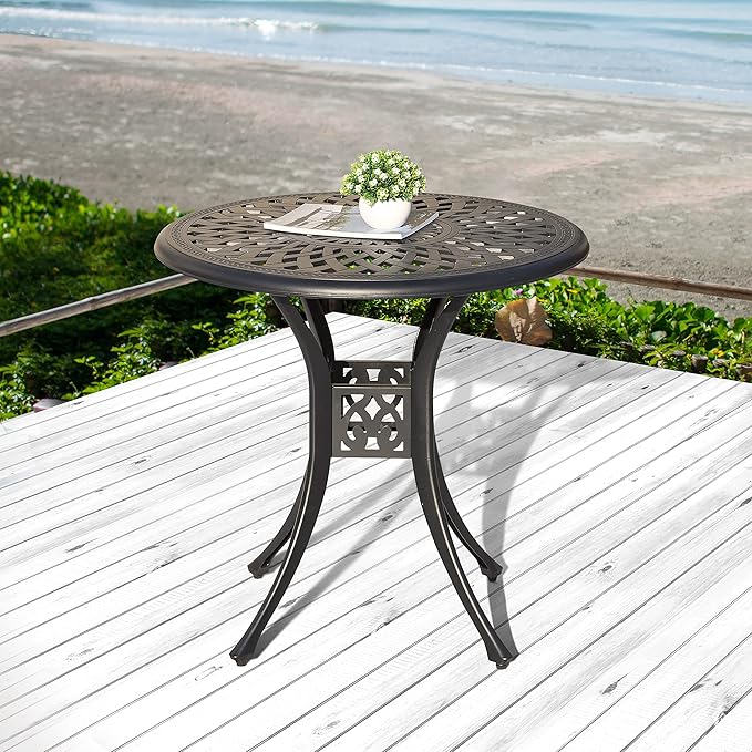 NUU GARDEN 30" Round Patio Bistro Table, Cast Aluminum Round Outdoor Bistro Table with Ice Bucket Function and Umbrella Hole for Poolside, Deck, Backyard, Balcony, Black with Gold Point