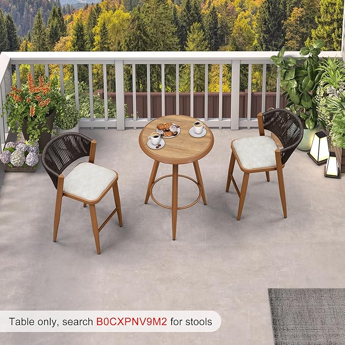 PURPLE LEAF Outdoor Round Bar Table Patio Aluminium Modern Bistro Table for Kitchen Island Patio Garden Deep Teak