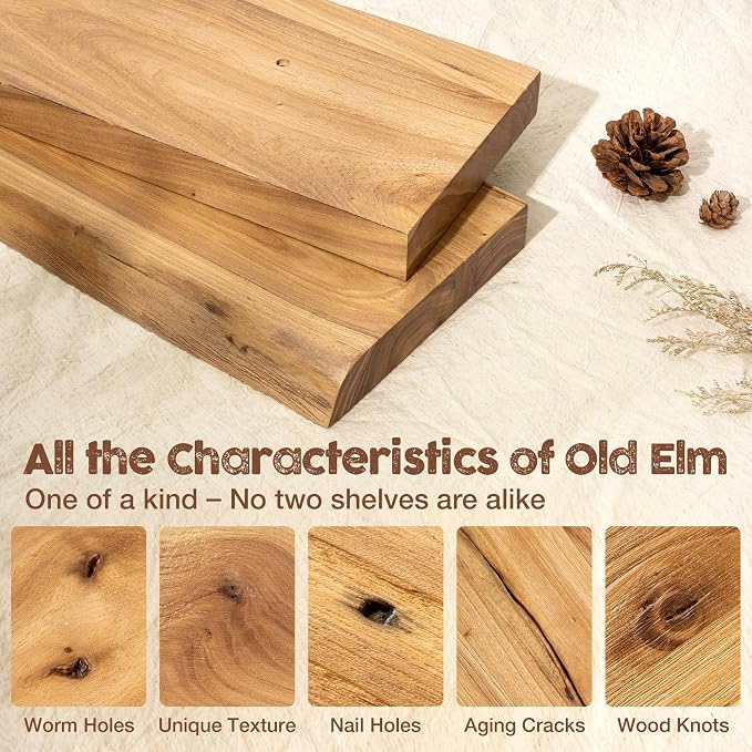 fuqing Floating Shelves for Wall, 24 Inch Rustic Solid Elm Wood Shelves