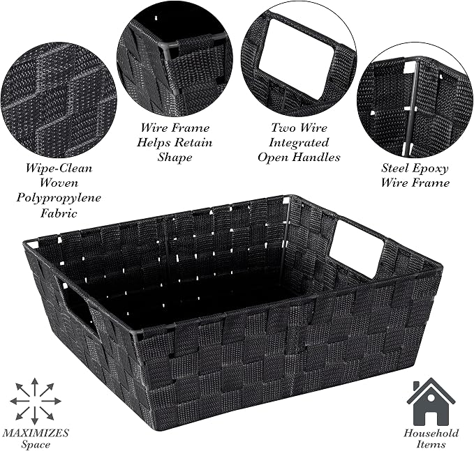 Simplify Large Shelf Woven Strap Tote,Decorative Storage Basket,Built in Handles,Organization,Closet,Bedroom,Bathroom,Nursery,Accessories,Toys,Gifts, Black (Pack of 12)