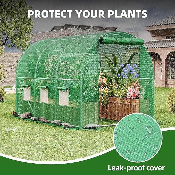 Superlele 10x7x7FT Tunnel Greenhouse for Outdoors, Heavy Duty Walk in Greenhouse, Large Garden Green House with Reinforced PE Mesh Cover, 6 Windows with Screen, Stakes and Ropes, Green