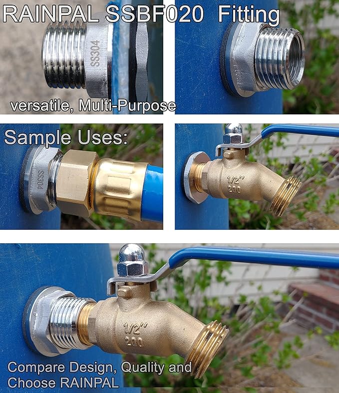 SSBF020 Stainless Steel 304 Bulkhead Tank Fitting (Double Female 1/2” NPT/FIP and Male 3/4" MHT Garden Hose Threaded, w/Step Gasket) (1)