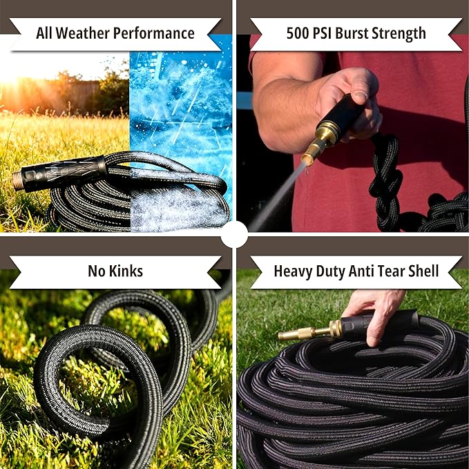 Hydrosteel PRO 50 Ft Metal Garden Hose with Nozzle, Water Hose Made from Heavy Duty 304 Stainless Steel, Flexible, Lightweight, Brass Crush Resistant Fittings, Non Kinking, 5/8” Diameter, 600 PSI