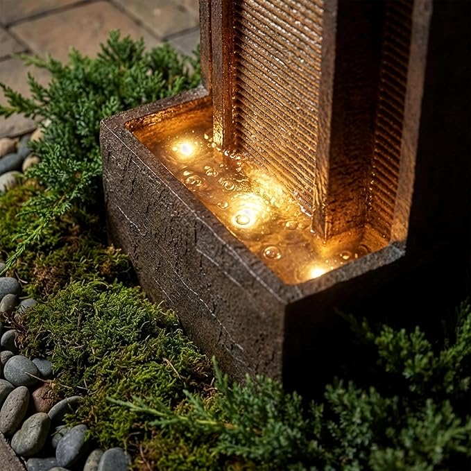 40-Inch Outdoor Water Fountain, Indoor & Outdoor Resin Waterfall Fountains with Soothing Water Sound & 4 Warm LED Lights, Home Art Decor for Garden, Patio, Yard, Porch, Deck, Balcony in Brown