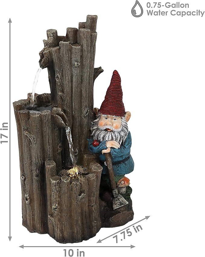 Sunnydaze Resting Gnome Outdoor Water Fountain with LED Light - Gnome Garden Fountain for Patio, Backyard or Deck - 17" High
