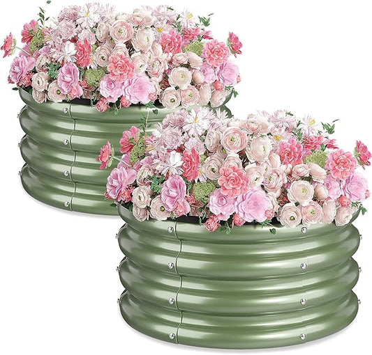 2 x 2 x 1 ft Round Raised Garden Bed, Green 2 Pack 12 in Deep Galvanized Steel Planter Box with Safety Edge Trim for Vegetables Flowers Herbs Backyard Patio Outdoor Garden