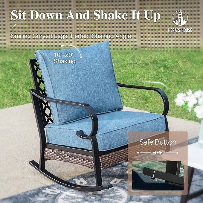 HERA'S HOUSE Patio Rocking Chairs Set of 2 with Thick Cushions, High Back Metal Outdoor Rockers, All Weather Garden Furniture for Backyard, Deck, Lawn, Navy Blue
