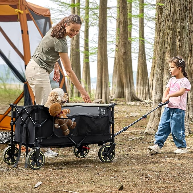 Timber Ridge Collapsible Wagon Cart with Brakes, 400lbs Heavy Duty Large Capacity Compact Portable Folding Wagon, Utility Grocery Cart for Camping, Gardening, Shopping-Grey