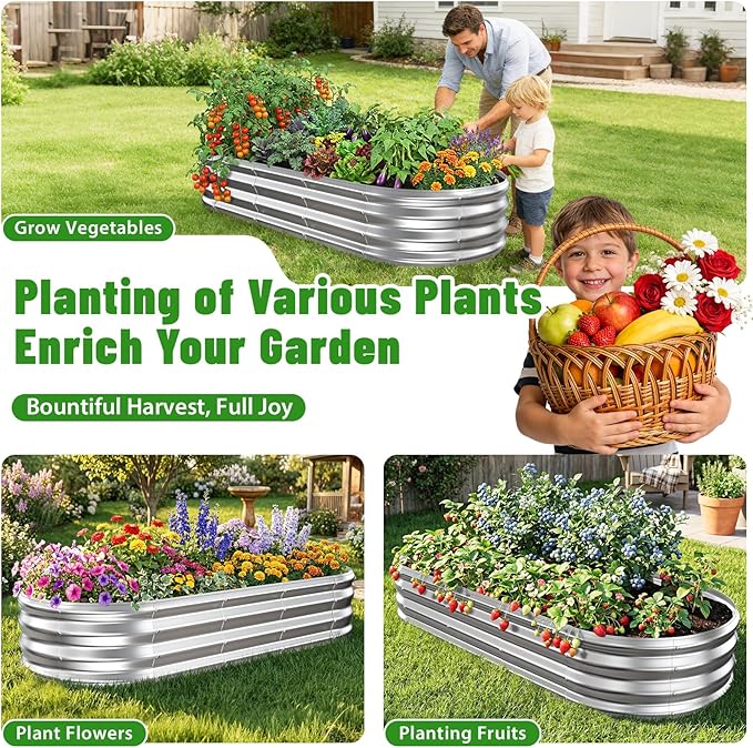 Oval Raised Garden Bed, 5 x 2 x 1FT, Galvanized Steel Planter Box with Wave-Shaped Metal Panels for Outdoor Flower,Tree,Herb & Vegetable Garden (Silver, 60X24X12 inches)
