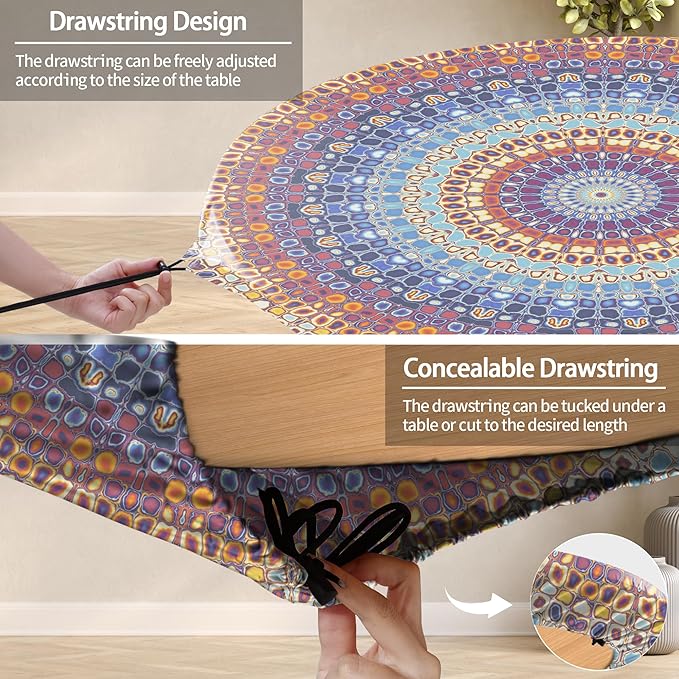 Fitted Round Tablecloth Bohemian Vinyl Patio Table Cloths for 36-44" Tables Camper Travel Vacation Accessories Living Room New HomeHouse Decorations Outdoor Road Trip Must Haves