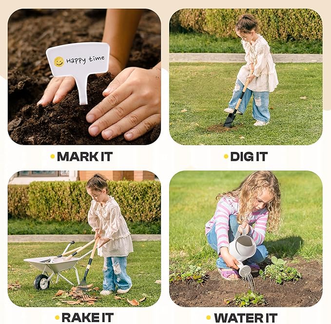 ROBUD Kids Gardening Tools Outdoor Toys Set Backyard Play with Kids Wheelbarrow-9pcs Metal Toddler Wheelbarrow, Garden Tools, Watering Can, Plant Labels for Ages 3+ (Grayish White)