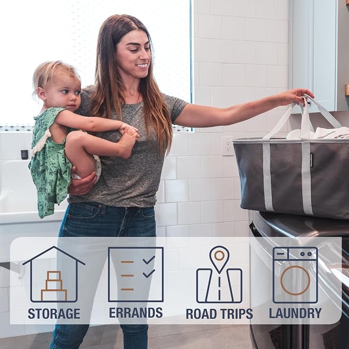 CleverMade Collapsible Laundry Tote, 50L Carry-All Tote, 2 Pack, Charcoal | Carry a Full Load with One Hand | Long Center Handles Balance 55 lb, While the Steel Rim Holds Shape and Folds Flat
