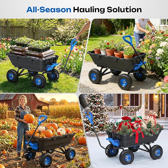 Autodaya 900LB Garden Dump Cart, 2026 Upgraded Heavy Duty Wheelbarrow Cart with 10" Non-Slip Pneumatic Tires & Quick-Release System, 4-Wheel Steel Frame Wagon for Transportation in Yard, Farm, Garden