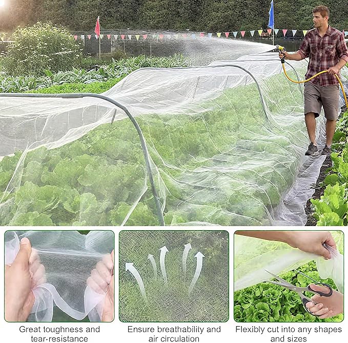 Garden Mesh Netting Kit, 10 * 33ft Ultra Fine Netting with 6pcs Garden Hoops for Raised Beds, Plants Cover Net for Vegetable Fruit, Animals Barrier Protection Greenhouse Row Cover