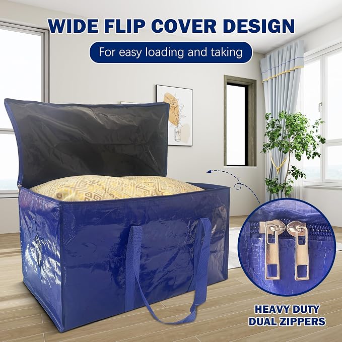 8 Pack Extra Heavy Duty Large Moving Bags with Strong Zipper & Carrying Handles, Sturdy Clothes Storage Bags Totes Bins, Packing Bag Move Boxes College Moving Supplies, Dark Blue - 24 gal