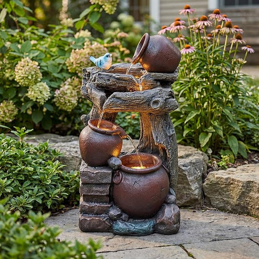 26-Inch Outdoor Water Fountain, 5-Tier Cascading Jars & Wood Design Resin Garden Fountain with Bird Accent & 4 LED Lights, Home Decor for Farmhouse, Patio, Backyard, Deck, Lawn in Brown