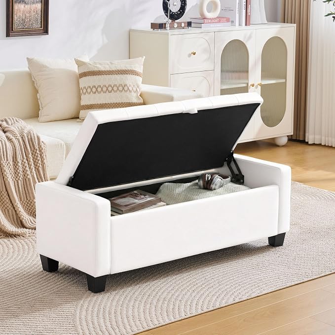 Huatean Home 43" Ottoman with Storage, White Storage Ottoman Bench | Upholstered Entryway Bench with Seating for Bedroom, Living Room, with Safety Hinge, Holds up to 330 lb