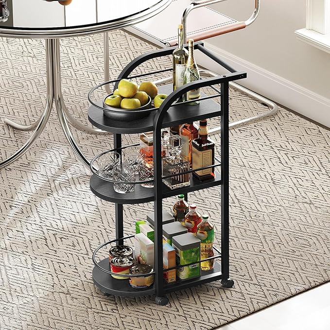 YATINEY 3-Tier Bar Cart, Home Bar Serving Cart with Fence and Wheels, for Dining Room, Living Room, Garden, Party, Black BC06BB