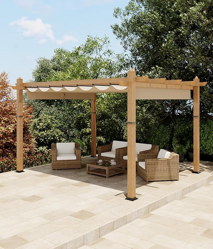 KYBOLT 10x13 Ft Outdoor Pergola with Retractable Canopy Upgraded Aluminum Faux Wood Grain Patio Pergola for Modern Backyard Deck Porch Grape Trellis(Khaki)