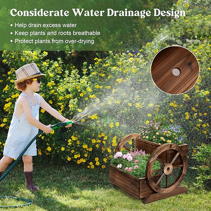 OIPRTGFJ 2PCS Wooden Wagon Planter Box, Garden Planter with Wheels,Decorative for Flowers Herbs Vegetables for Indoor & Outdoor Decor,Wooden Flower Cart for Patio Garden Balcony