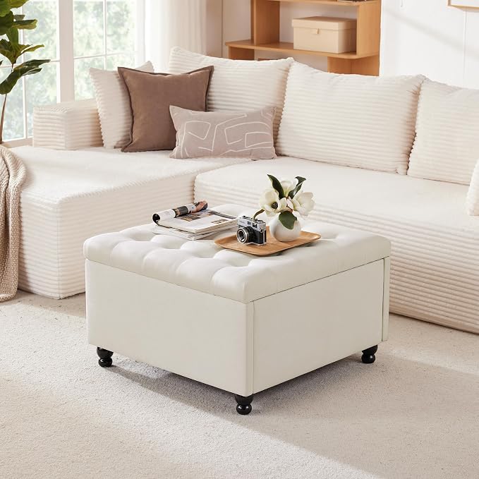 30" Large Square Ottoman with Storage, Fabric Ottoman Coffee Table, Beige | Tufted Upholstered Ottoman for Living Room, Oversized Square Storage Ottoman for Bedroom and Entryway, Solid Wood Frame