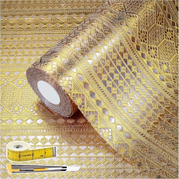 Drawer and Shelf Liner - Gold Geometric Lace Pattern,Non Adhesive