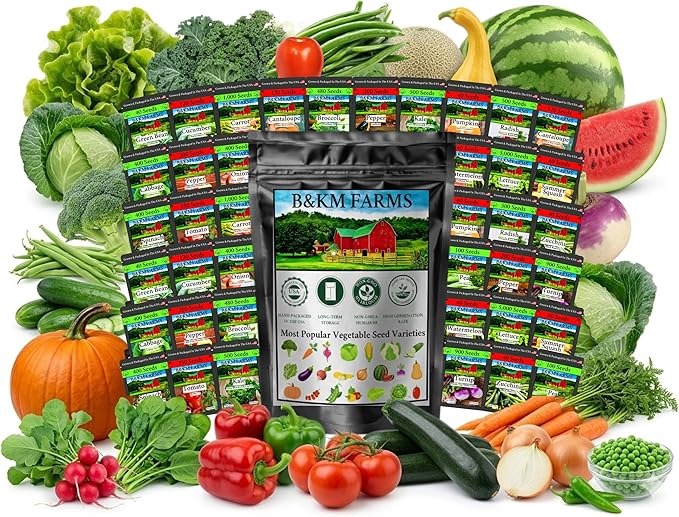 B&KM Farms Heirloom Vegetable Seeds Variety Pack – 20 Varieties, 40 Packets, 20,000+ Non-GMO Seeds – Water-Resistant Reclosable Packaging – Home Garden Starter Kit