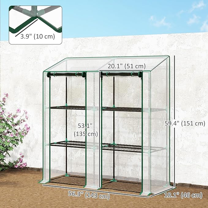 Outsunny Lean-to Mini Greenhouse with 3 Tier Shelves, Portable Green House with 2 Roll-up Doors, Garden Plant Grow Hot House for Indoor Outdoor, 56.3"x18.1"x59.4", Clear