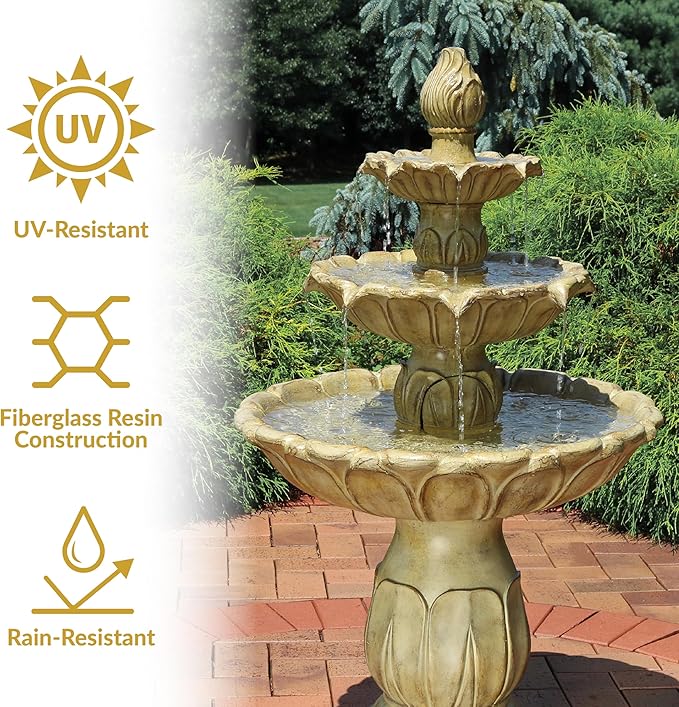 Sunnydaze Classic Tulip 46" Tiered Outdoor Water Fountain - 3-Tiered Outdoor Fountain for Garden, Patio, or Backyard - Garden Stone