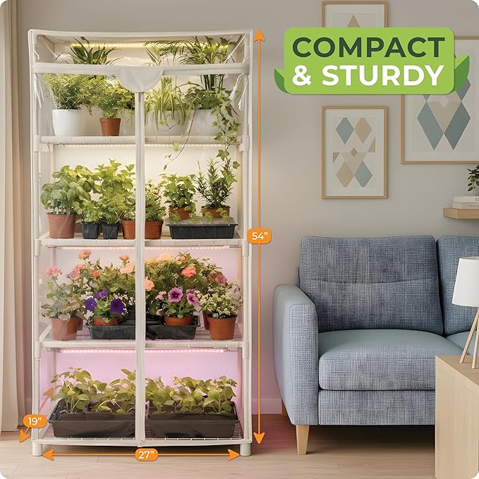 Carpathen Indoor Greenhouse with Grow Lights - 4 Tiers 27.2"L x 19.3"W x 54"H with 4 Dimmable 15W Full Spectrum LED Light Strips and 2 Gooseneck Clip-on Plant Lamp - Mini Greenhouse with Zip PVC Cover